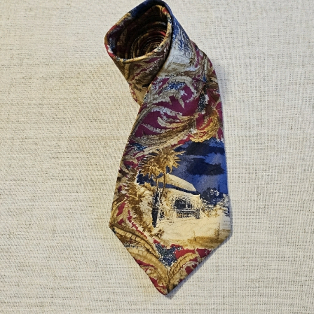 Vintage Guy Laroche Red Blue Brown Leaf Print Men’s Silk Tie Classic USA